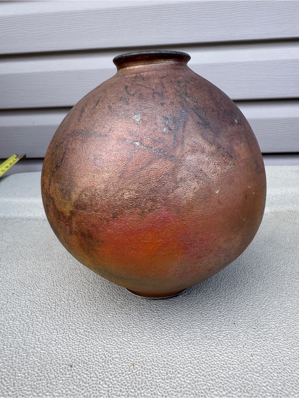Round Clay Pottery Fire Vase 7” signed